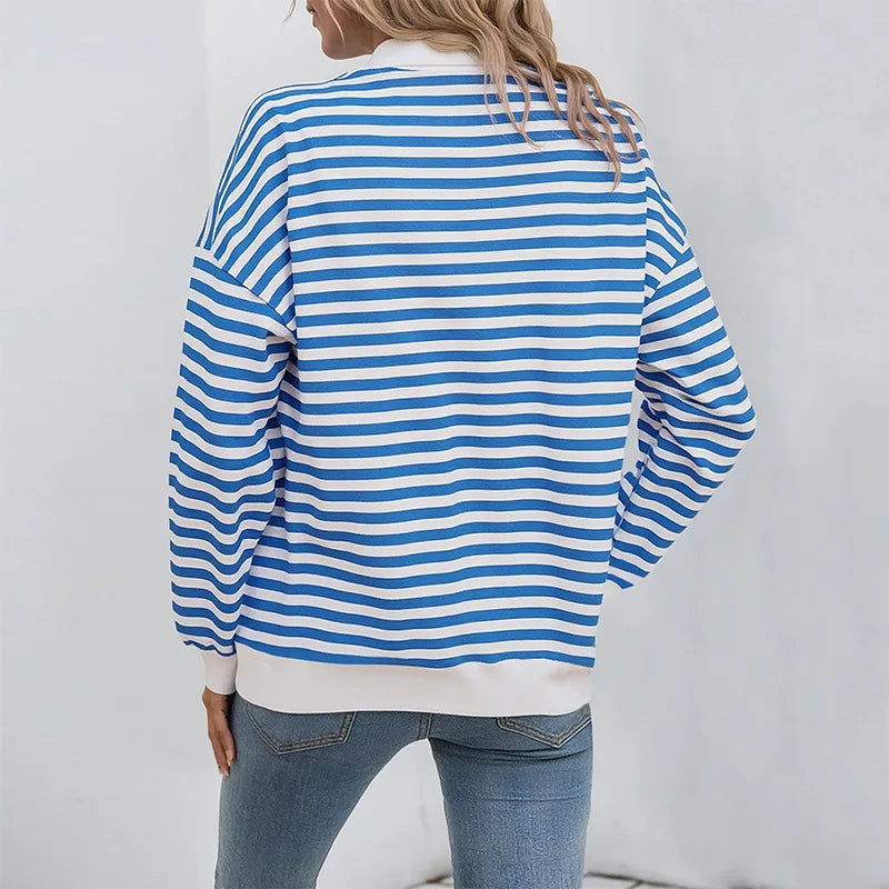 Ingvn - Women Striped Pullover Hoodie Loose Long Sleeve Autumn Winter Casual Zipper Polo Collar Sweatshirt