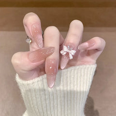 Ingvn  24Pcs Shiny Cat's Eye Pink Full Cover Nail Tips Art Finished Finger False Nails with Diamond Wearable Almond Press on Fake Nails