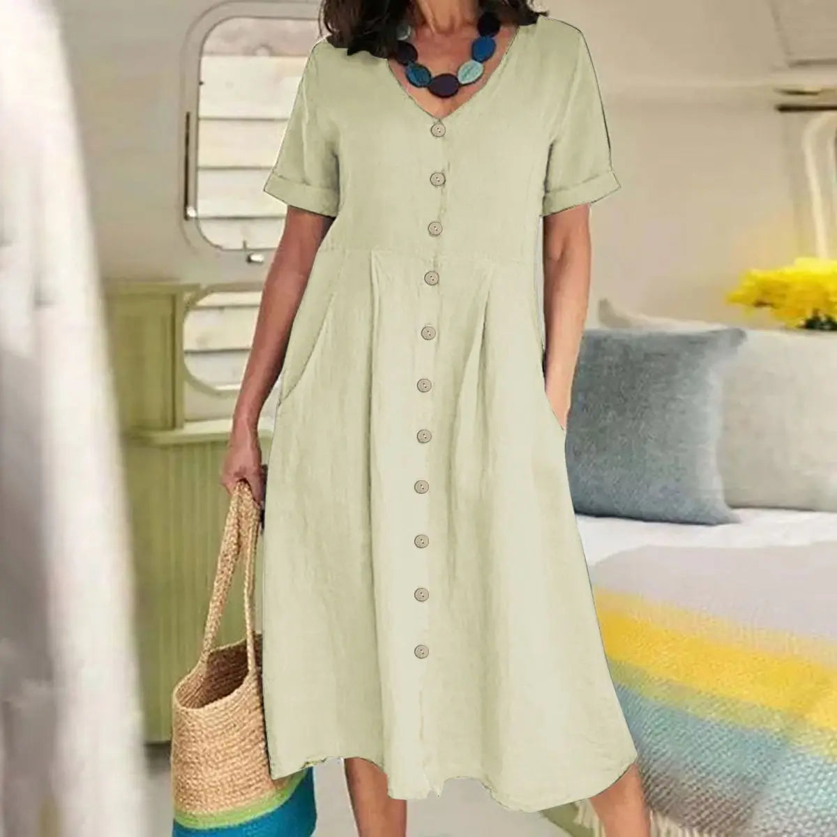 Ingvn  Spring Summer New Solid Color Loose High Waist Cotton Linen Dress