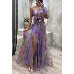 Ingvn  Women's Summer Fashion Casual Dress Slant Neck Off Shoulder Long Sleeve Mesh Dress Flower Waist Split Dress Holiday Party