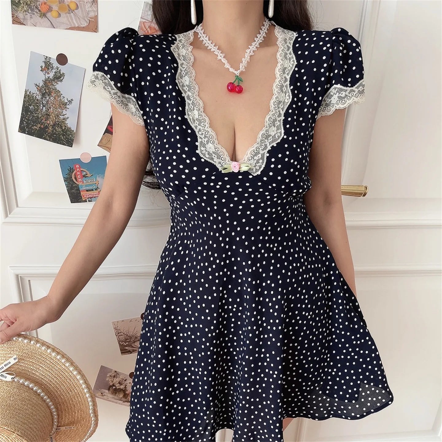 Ingvn  Chenopod Spring Summer Lace V-neck Bubble Sleeve Polka Dot Waist-cinching Holiday Dress Short A-line Skirt French Style Polye...