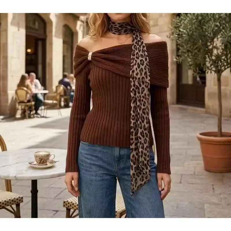 Ingvn - New Fashion Sexy Off Shoulder Jumper Knitted Pullovers Sweater with Scarf Autumn Winter Long Sleeve Women Sweaters Slim Chi Tops