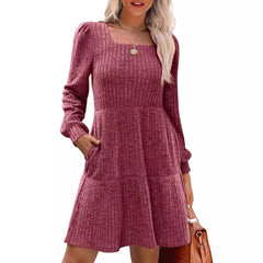 Ingvn  European and American Women's Square Collar Long Sleeve Autumn Dress Casual Baby Sweater