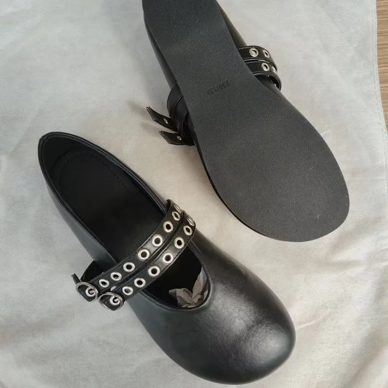 Ingvn  Fashion Rivet Strap Buckle PU Women Ballet Flats Comfor Soft Soles Spring Autumn Lazy Loafers Casual Girls Dance Shoes