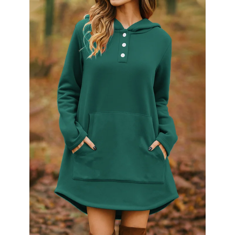 Ingvn - European American Autumn Winter New Style Women Casual Loose Fashion Solid Color Long Sleeve Pocket Pullover Hooded Sweatshirt