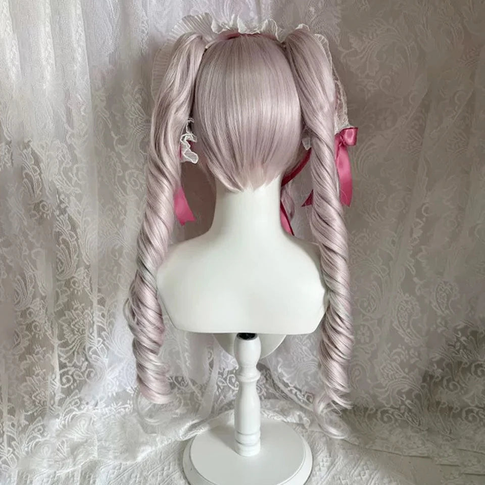 Ingvn - Long Wave Dusky Pink Cosplay Wig with Double Ponytail For Women Daily Party Lolita Synthetic Wigs Christmas Party Natural Wig