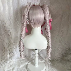 Ingvn - Long Wave Dusky Pink Cosplay Wig with Double Ponytail For Women Daily Party Lolita Synthetic Wigs Christmas Party Natural Wig