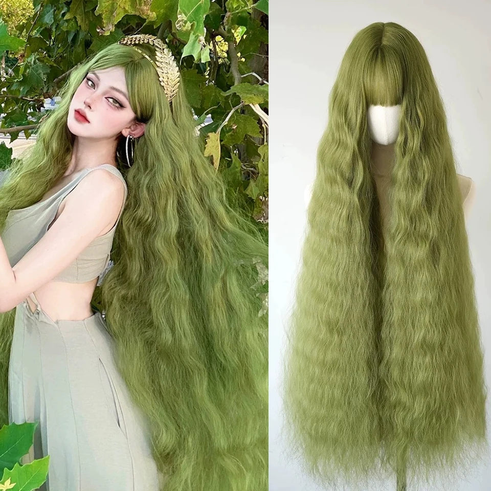 Ingvn - Super Long 100m Wavy Pink Fluffy Wig With Bangs Synthetic Halloween Cosplay Party Green Natural Looking Lolita Wigs For Women