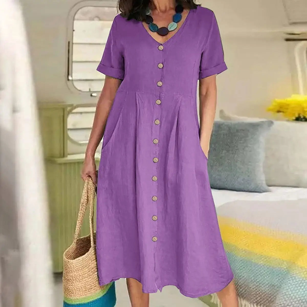 Ingvn  Spring Summer New Solid Color Loose High Waist Cotton Linen Dress