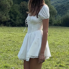 Ingvn  Sweet Women Ruched Chest Fish bow Waist Corset Style Dress Short Sleeve Cross Bandage Lacing up Back Bodycon Mini Party Robe