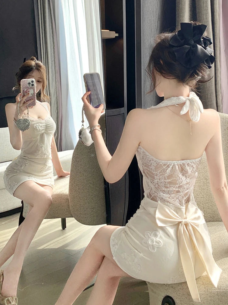 Ingvn  Knot Lace Backless Short Sleeveless Bodycon Dress Sexy Low Waist A-Line Silhouette Pure Desire Style Summer Dress