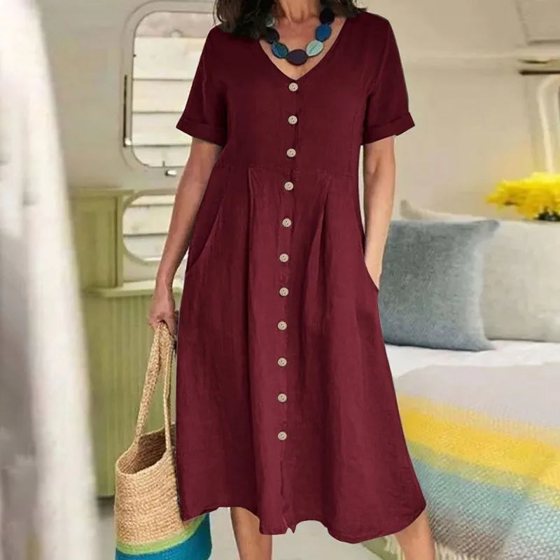Ingvn  Spring Summer New Solid Color Loose High Waist Cotton Linen Dress