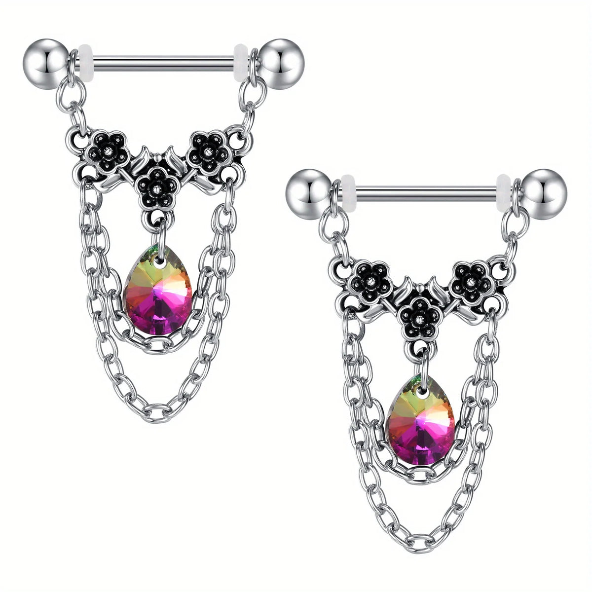 Ingvn  1pair Stainless Steel Nipple Rings, Nipple Barbell With Chain CZ, Nipple Piercing Jewelry