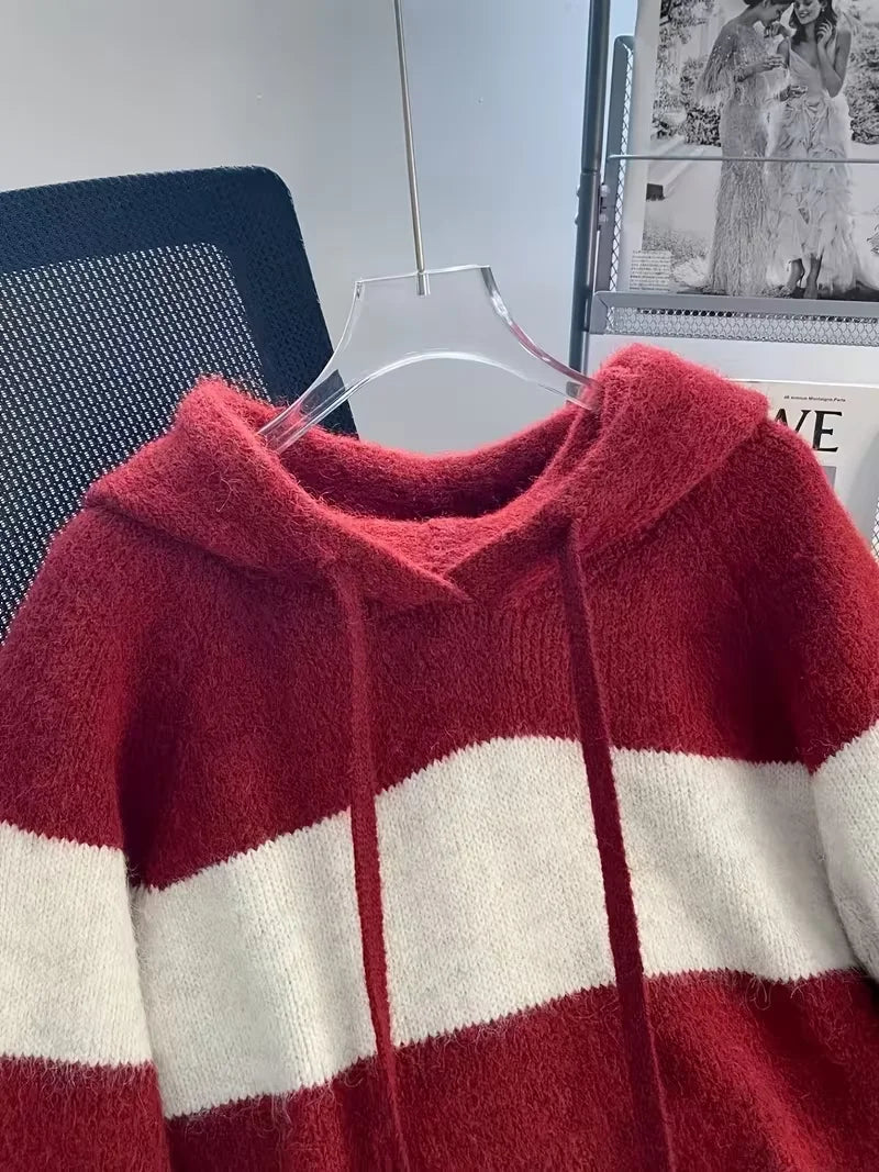 Ingvn - Retro Wine Red And White Striped Hooded Knit Sweater Lazy Style Furry Feeling Ball Cap Rope Overhead Women's Sweater
