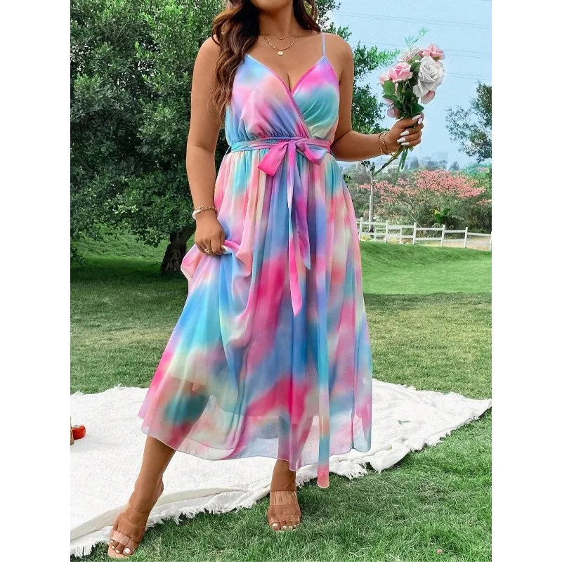 Ingvn  Plus Size 1XL-5XL New Fashion Women Clothing Floral Sexy Evening Dresses Elegant and Beautiful Halterneck Long Dresses Mesh Hem