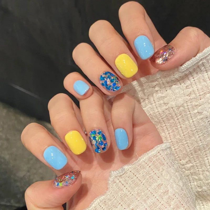 Ingvn  10pcs Handmade Artificial Press on Nails Sequins Simple Multicolor False Square Nails Spring Summer Fake Nails Removable
