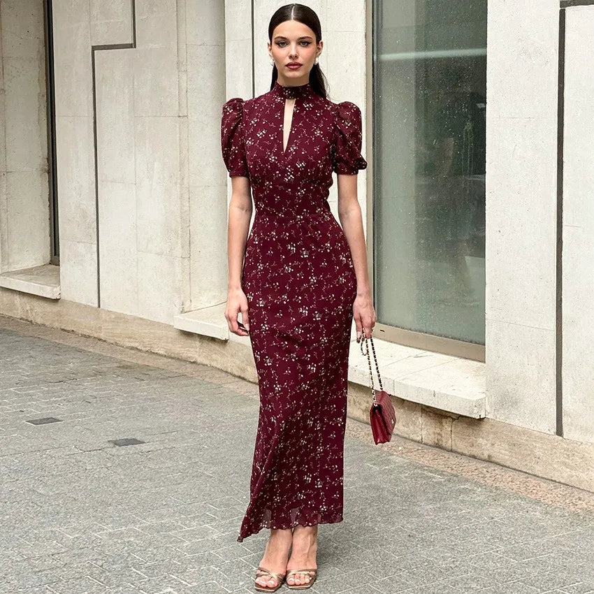 Ingvn  Spring Summer Women's Clothing Deep V Neck Short Sleeve Slim Long Dress For Woman Polyester High Waist Elegant Floral Bodycon