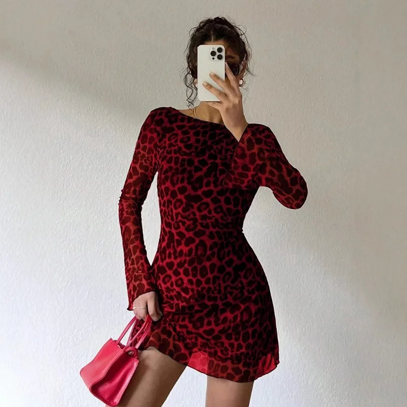 Ingvn  Women Leopard Print Mesh Mini Dress Long Sleeve Backless Bodycon Party Dress