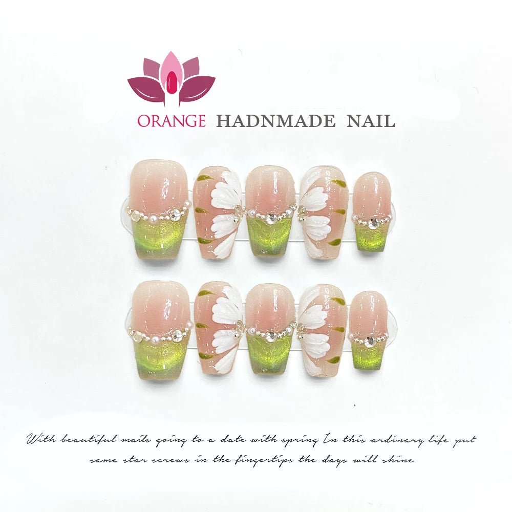 Handmade Press On Nails French Flower Designed Translucent Reusable Fake Nails Artificial Manicuree Wearable Orange Nails Store