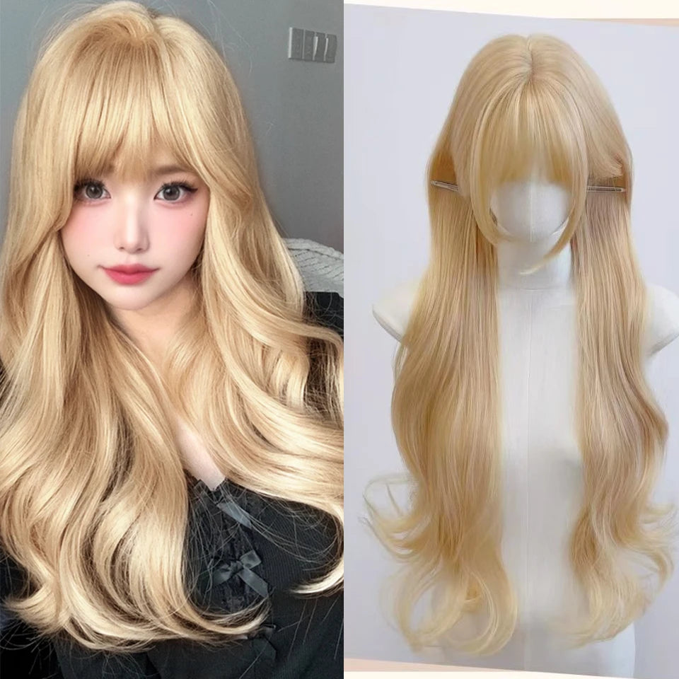 Ingvn  Long Black Highlight Pink Wig Synthetic Wavy Curly Lolita Wig Natural Cosplay Party Wig Daily Wear Halloween Costume Wig