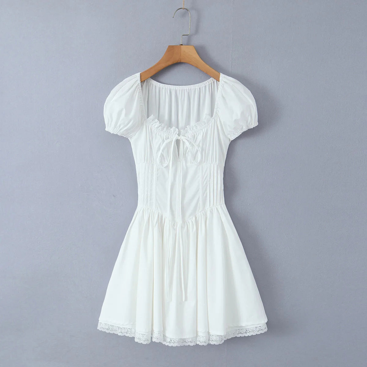 Ingvn  Sweet Women Ruched Chest Fish bow Waist Corset Style Dress Short Sleeve Cross Bandage Lacing up Back Bodycon Mini Party Robe