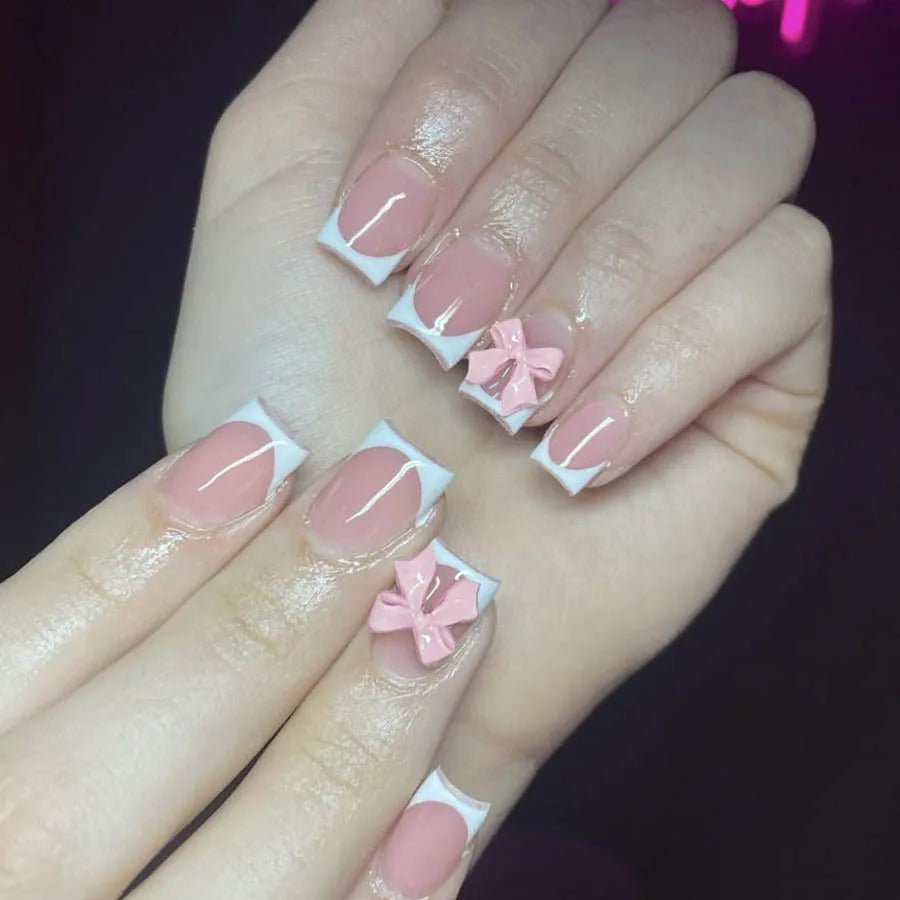 White French Press on Nails 3D Bowknot Designs Nude Color Fake Nails Wearable False Nails Tips for Women DIY Manicure 24Pcs