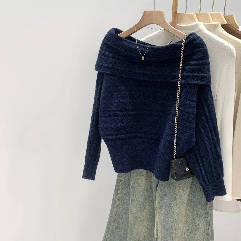 Ingvn - Autumn/Winter Fashion New Korean Warm Thick Design Sweater Single Shoulder Knitted Sweater Elegant Loose Hoodie  Jumper
