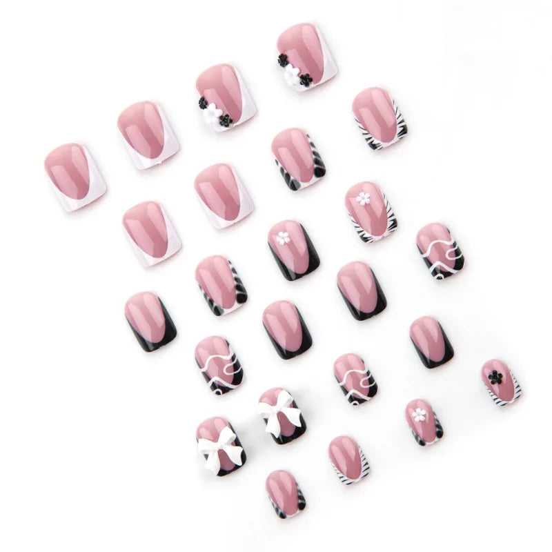 Ingvn  24pcs Short Square Acrylic Press on Nails with Design Zebra French Tip Duck Set of False Nails with Tools Realistic Wear Nail