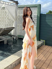 Ingvn  Sweet Sle Beach Vaion Bal off oulder Long Dr Irregular Hem Polyester Fiber A-Line Skirt Summer Season Print Pa...