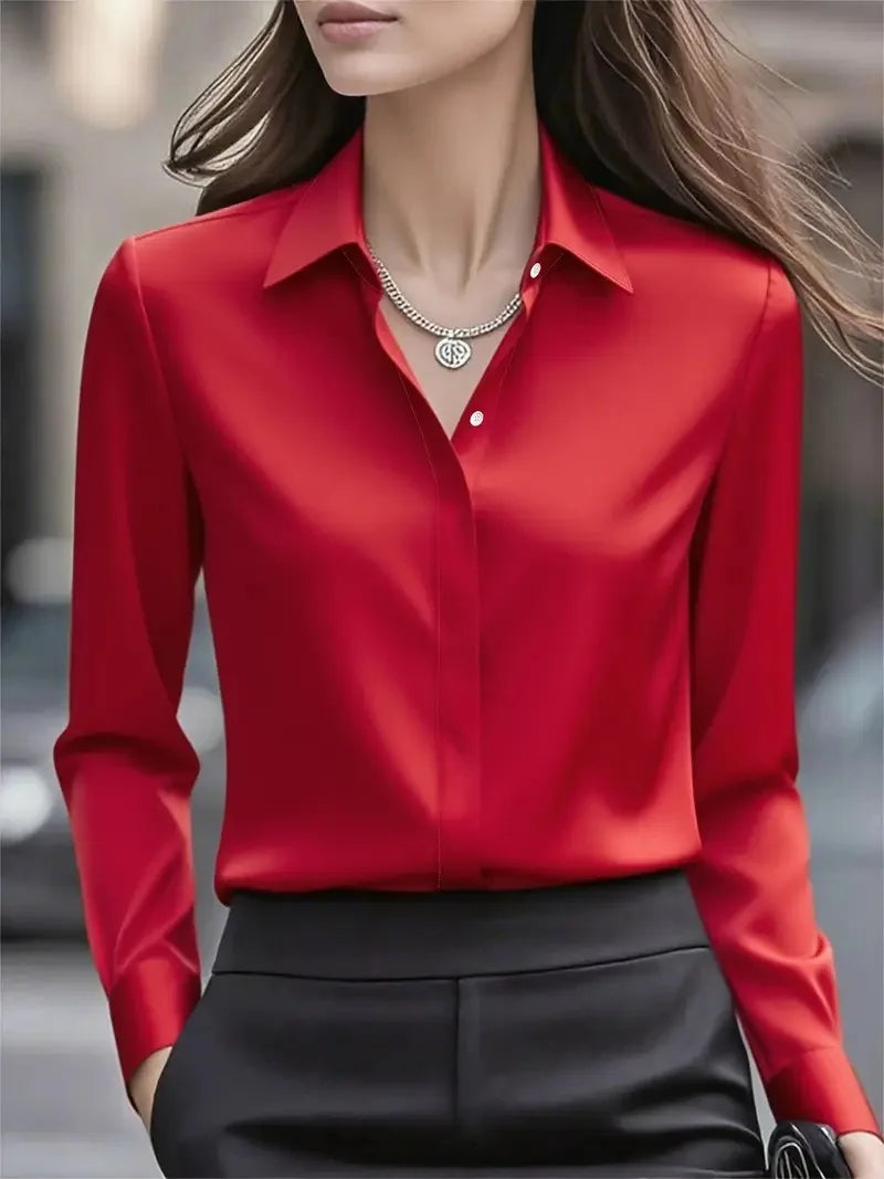 Ingvn  Autumn Solid Color Long Sleeve Lapel Satin Women's Blouse