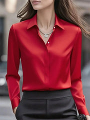 Ingvn  Autumn Solid Color Long Sleeve Lapel Satin Women's Blouse