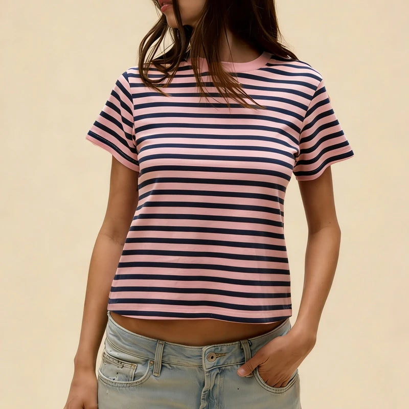 Ingvn  Women's Aesthetic Striped Print Crew Neck Baby Tee Y2k Cute Graphic Short Sleeve Slim Fitted Going Out Crop Top Shirt