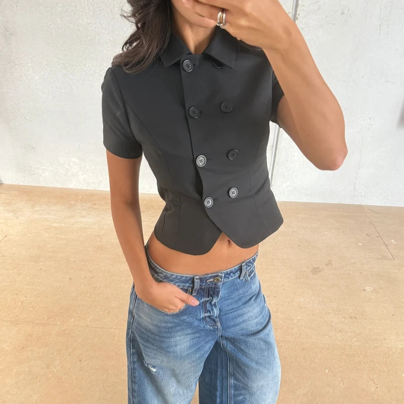 Ingvn  Women Summer Y2k Short Sleeve Coat Double Breasted Shirt Solid Color Lapel Turn-down Collar Slim Fit Blouse Crop Tops