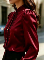 Ingvn  Lace Trim Stand Collar Long Sleeve Blouse Puff Sleeve Button Down Shirt