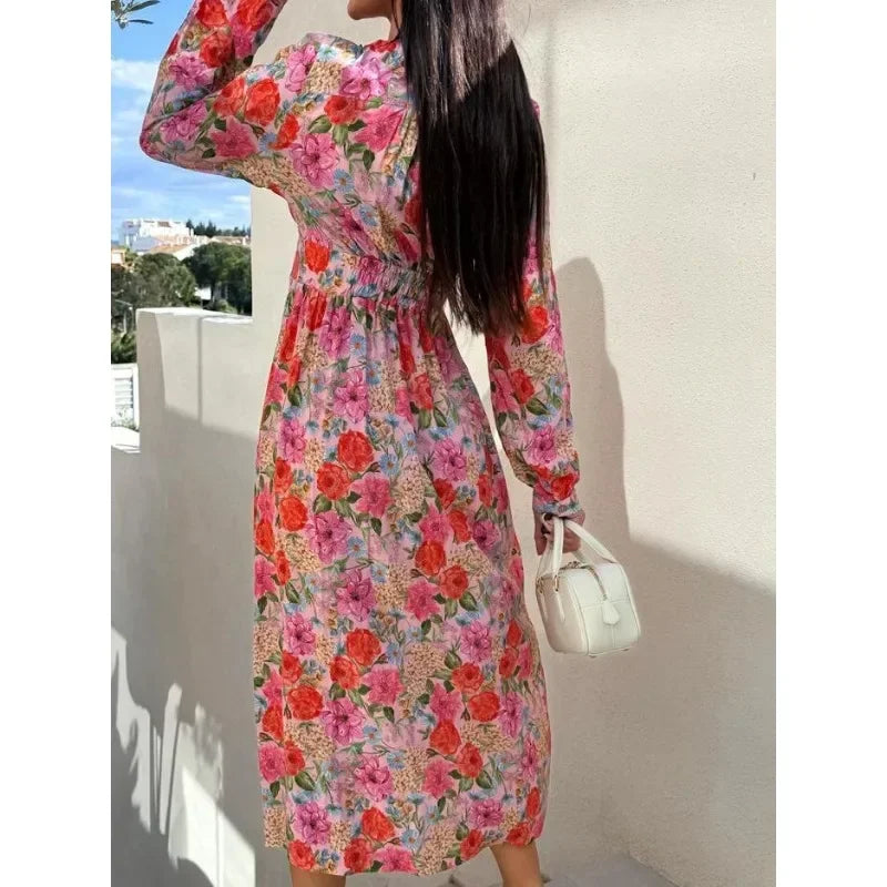 Ingvn  Women's Fashion V-neck Single Breasted Long Party Dress Ladies Casual Long Sleeve Floral Printed Comfortable Versatile Dress