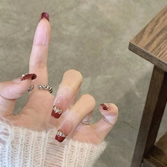 Ingvn  10pcs Red Press on Nails Aesthetic French Fake Nails with Design Reusable Adhesive Nail Tips Self-adhesive Stick-on Nails