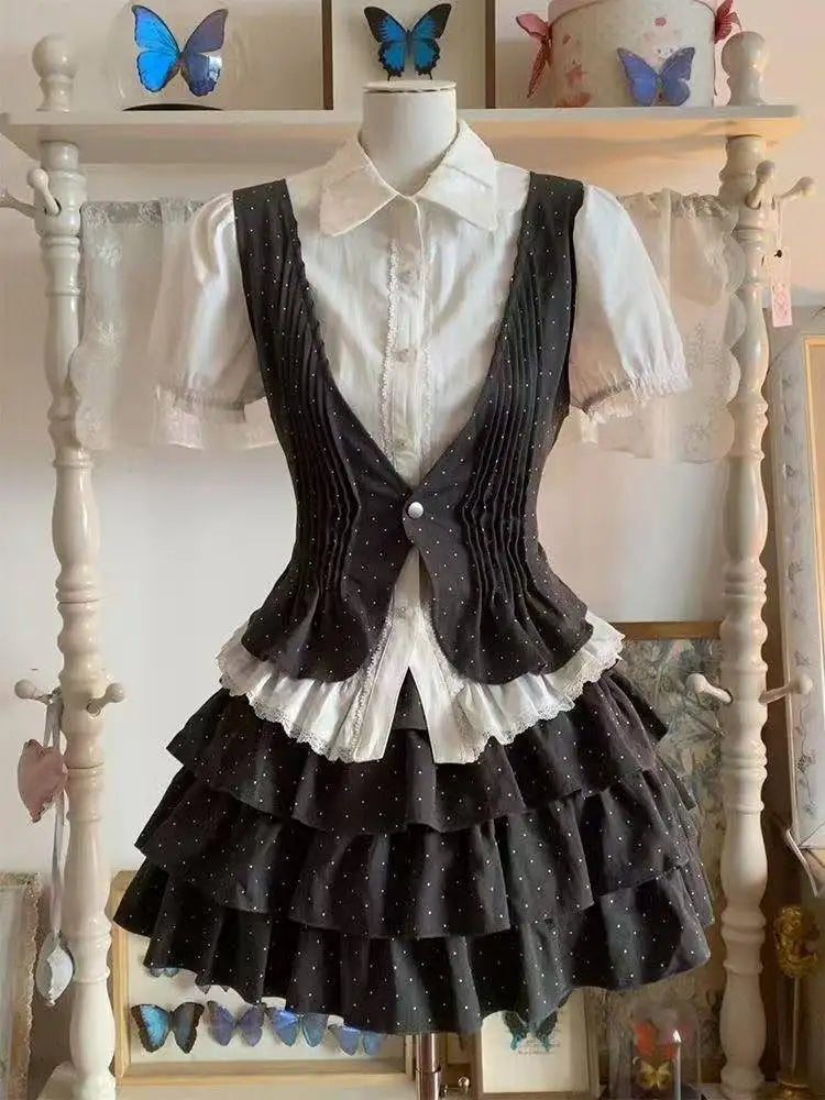 Ingvn  Retro Japanese Lolita Outfits Women Sweet Kawaii Tops Ruffle Mini Dress Suits Y2k Preppy Casual 2 Piece Sets