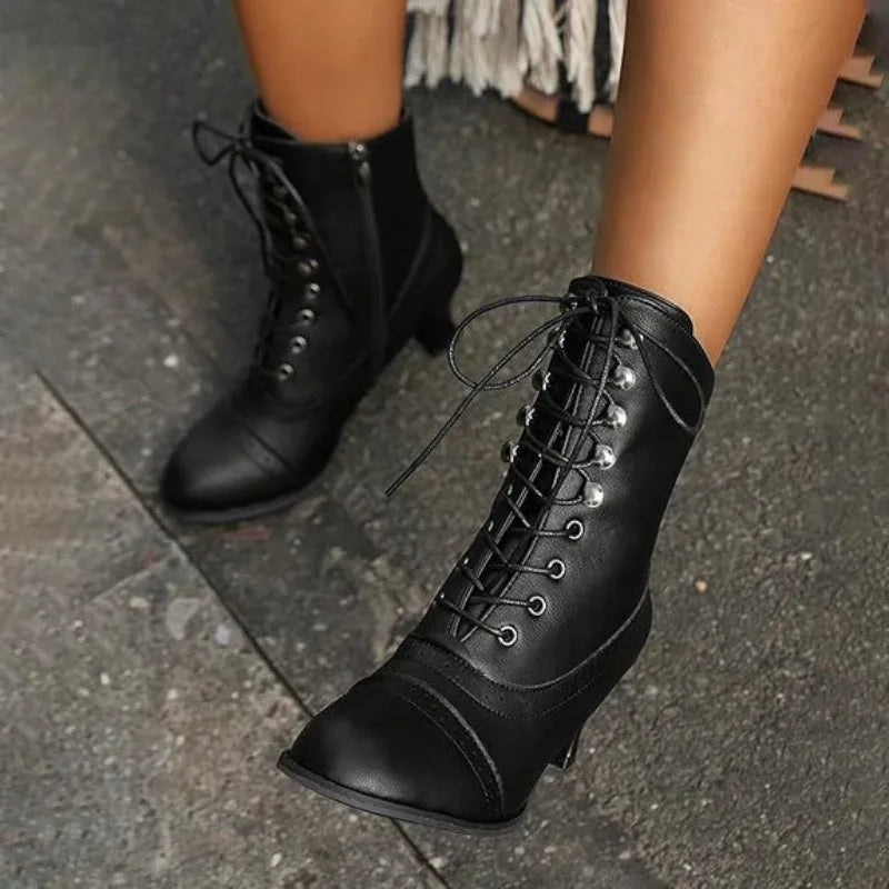 Ingvn  New Lace Up Ladies High Heel Shoes Strange Steampunk Boot Victorian Ankle Boots Women Pointed Toe Thick Soled Short Boots
