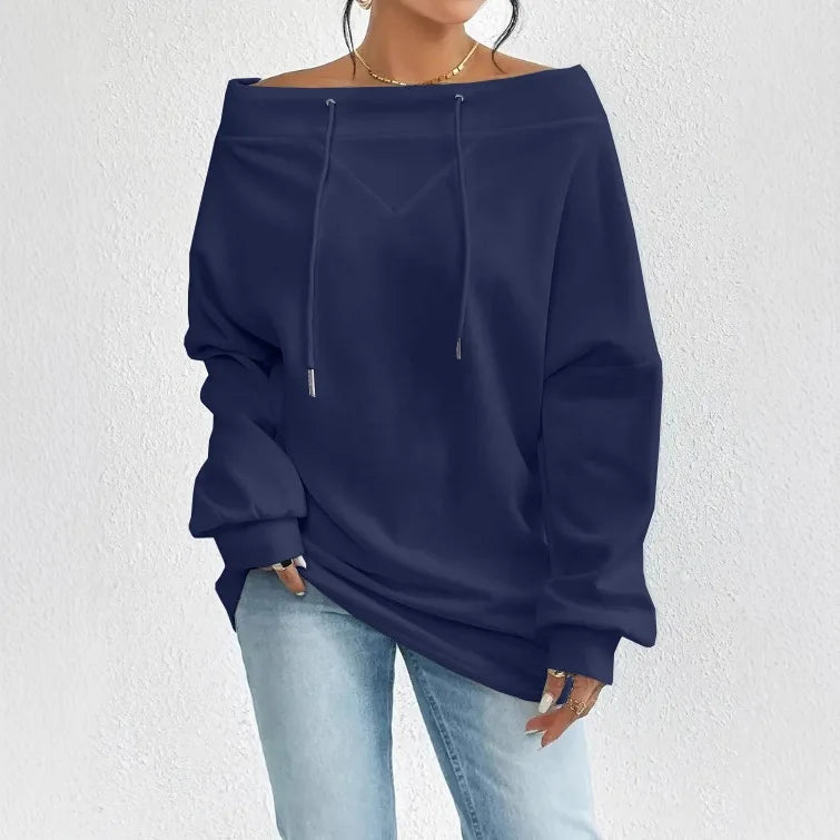 Ingvn - Women's Royal Blue Off-the-shoulder Boat Neck Sweatshirt Long Sleeve Drawstring Design Casual Fashion Loose Pullover