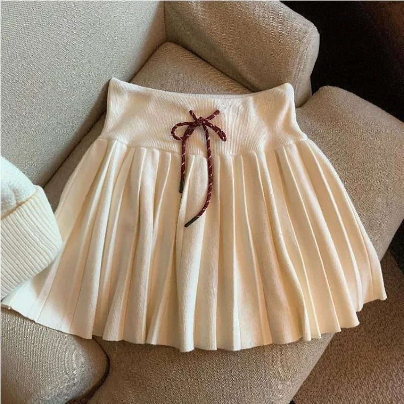 Ingvn - Women's Autumn Winter High Waist Drawstring Knit Pleated Mini Skirt Sporty Versatile Chic Streetwear Cozy