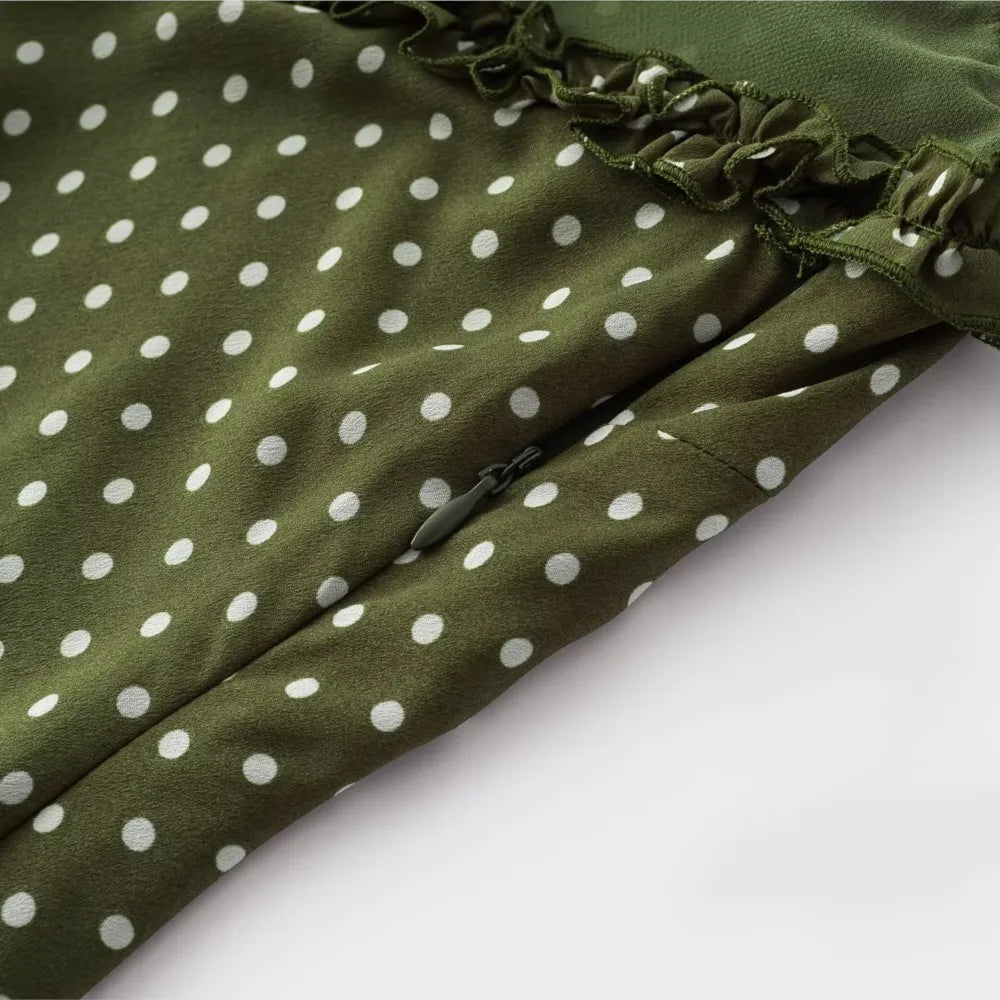 Ingvn  Vintage French Style ArmyGreen Polka Dot Print Wood ears O neck Sling Dress Women a-lined Short Dresses Femme Vestidos Robe