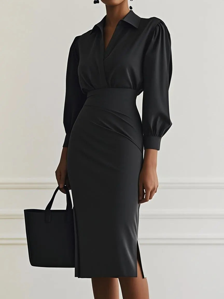 Ingvn  Lady Dress V Neck Long Sleeve White Party Dresses For Women Autumn Midi Dress High Waist Bodycon Dresses