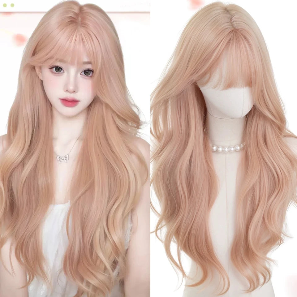 Ingvn  Long Wavy Pink Wig with Bangs Synthetic Cosplay Natural Lolita Purple Green Wig Halloween Costume Wig for Women Daily Wear