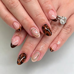 Ingvn  24Pcs Autumn Polka Dot French Press on Nails Solid Color Brown Grid Pattern Design Fake Nail Tips Short Wearable Almond Nail Art