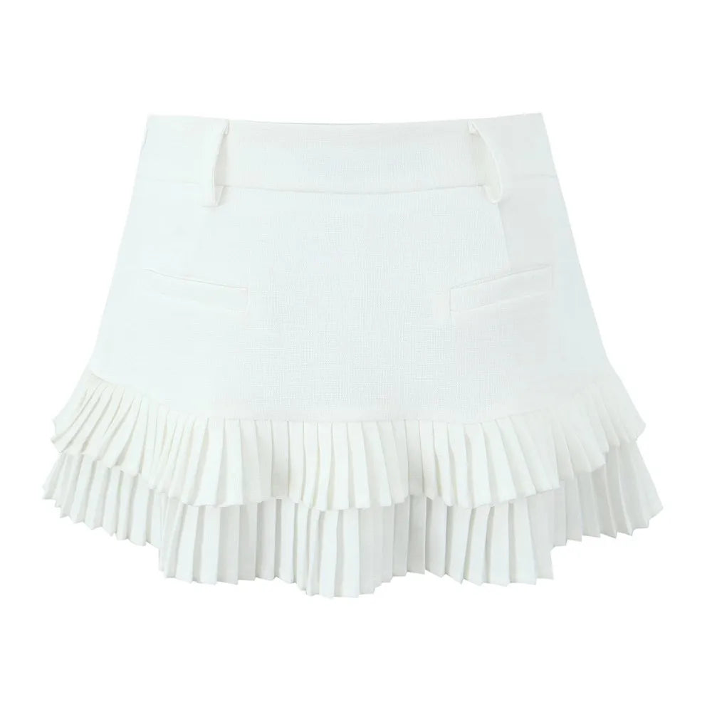 Ingvn  3 colors American Retro Light Blue Package Hips Spliced Pleated Mini Skirt Sexy Low Waist Short Skater Skirts With Shorts Lining