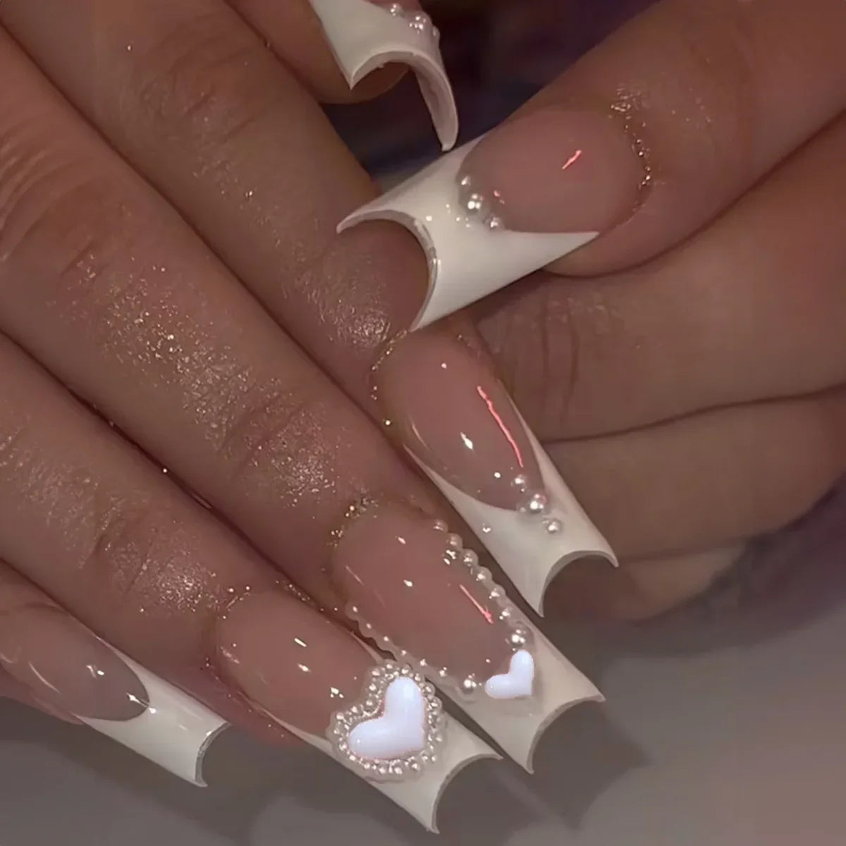 Ingvn  24Pcs Simple Blue French Fake Nails with Diamond Love Pattern Design False Nails Press on Mid-length Ballet Full Cover Nail Tips