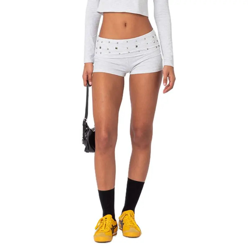 Ingvn  Women's Y2K Elastic Low Rise Studded Shorts Punk Fold Over Waist Slim Fit Skinny Goth Micro Mini Shorts Sexy Loungewear Bottoms