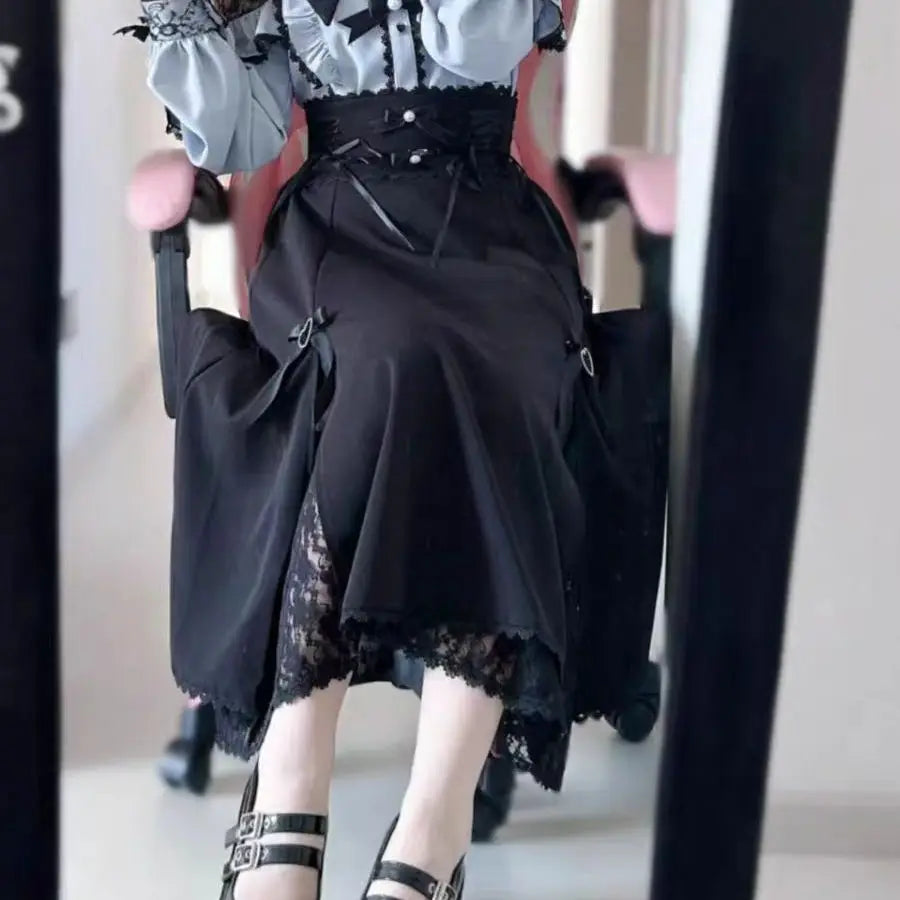 Ingvn  Japanese Lolita Lace Patchwork Shirts Women + New Slim high Waist Midi Black Skirts sweet kawaii Two Piece Sets