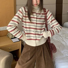 Ingvn - Women's Autumn Winter New Korean Color Block Striped Knit Cardigan Casual Design Versatile Sweater Chic Coquette Trendy