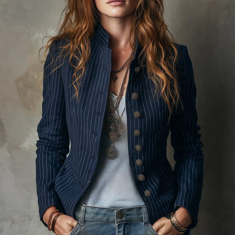 Ingvn  American Style Slim Fit Stripe Jacket Outerwear Lady Autumn Fashion Elegant Stand Collar Single Breasted Coat For Women Top